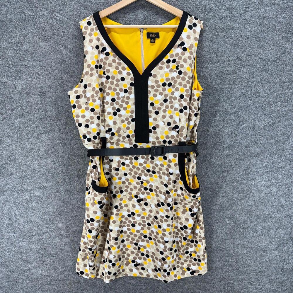 I Le Dress Women 18 Plus Beige Polka Dot Sheath Midi Zipper V-Neck Belted Casual